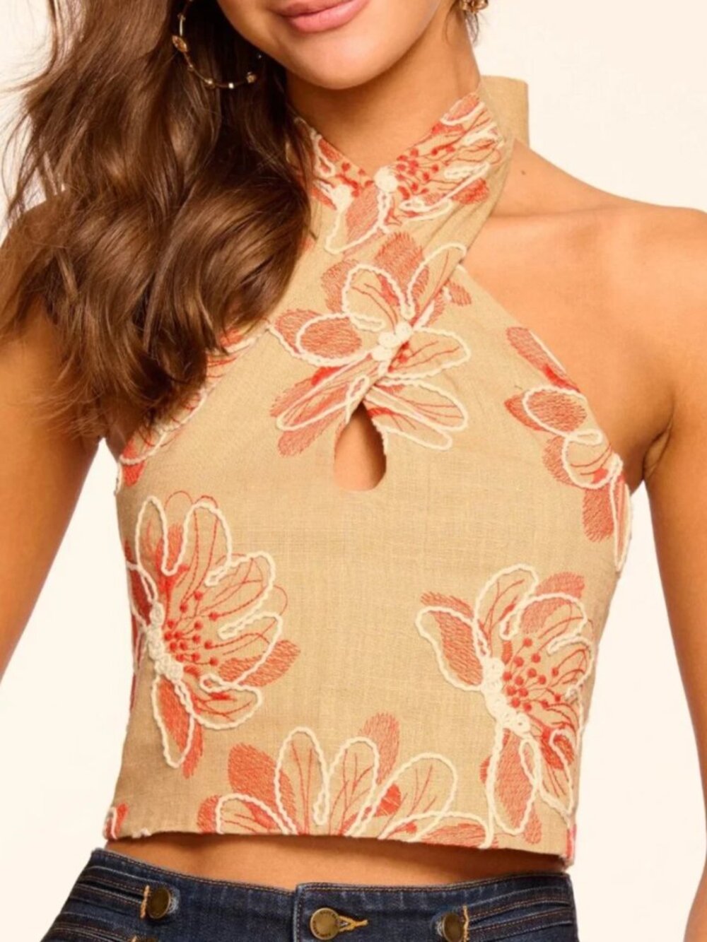 Ramy Brook - Harlow Embroidered Halter Crop Top Natural Fleur Size 10 NEW